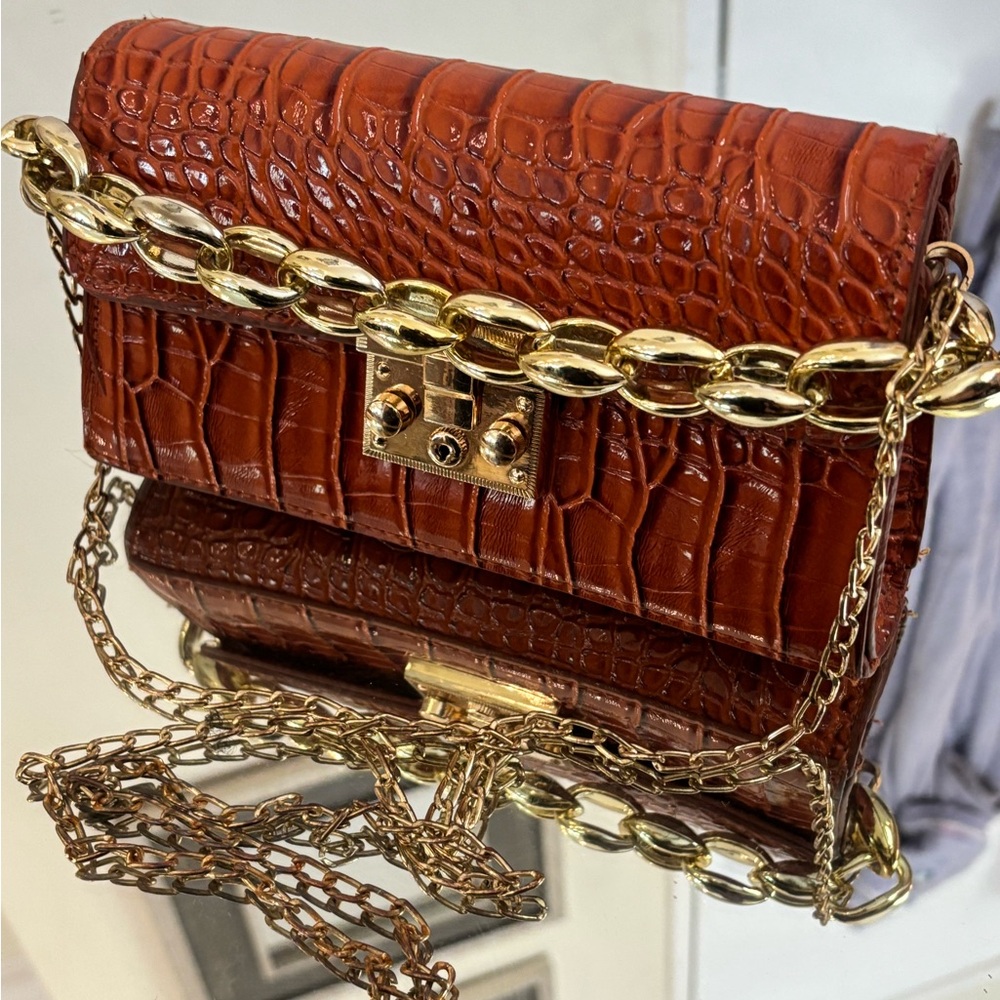 Croc-Embossed Brown/orange Chain Bag
